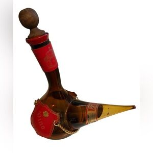 Vintage Viva Vino Glass Amber and Red Leather Wine Decanter Empty